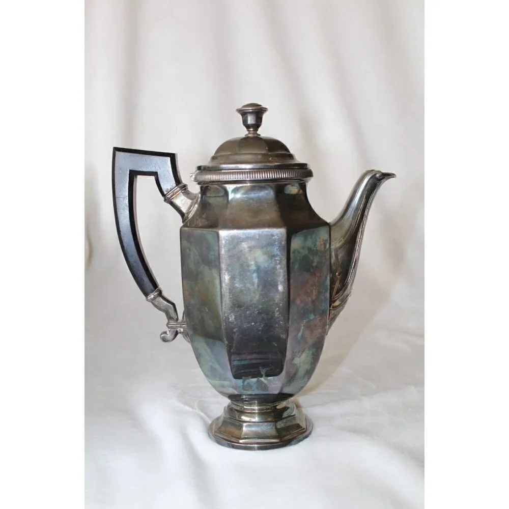 Antique Christofle France silver plated pitcher hot water wood handle art Deco